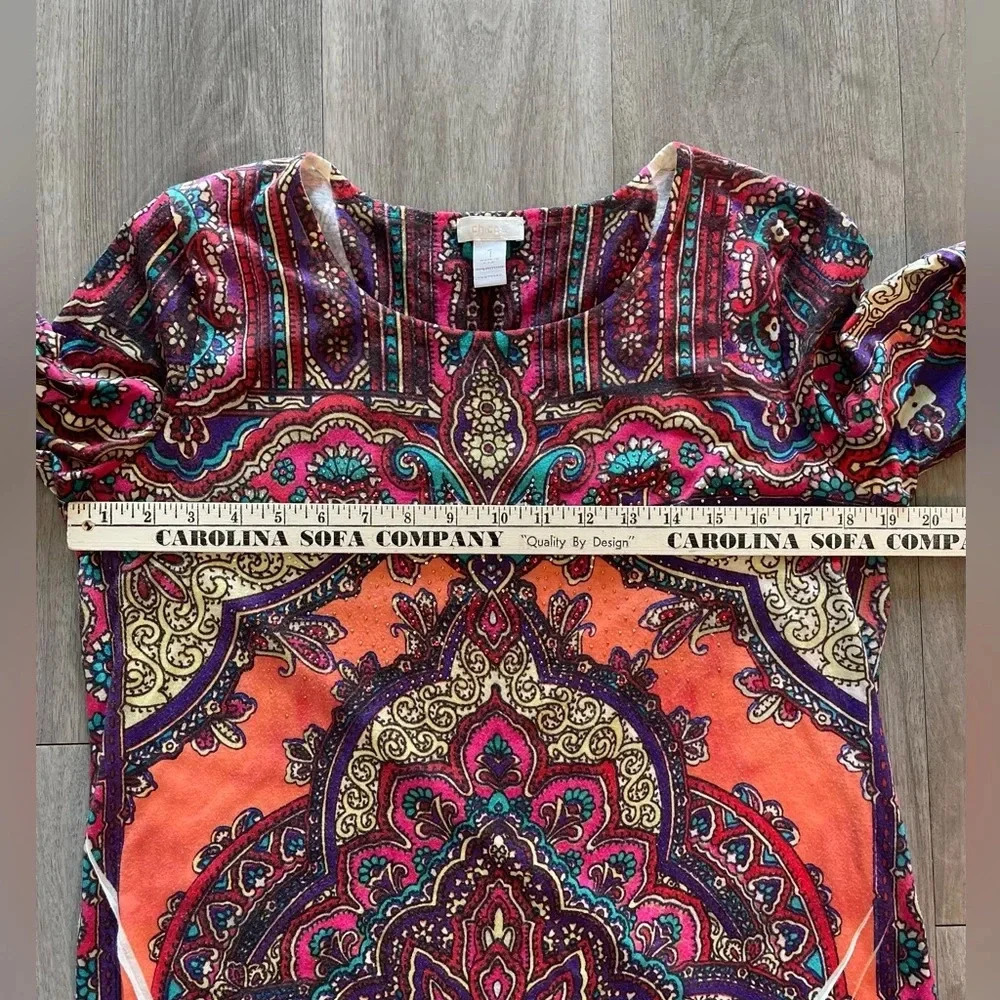 Chico’s Multicolor Jeweled Ruched Tie Sleeve Blouse Women’s Size 1 or Medium 8 - Picture 7 of 9